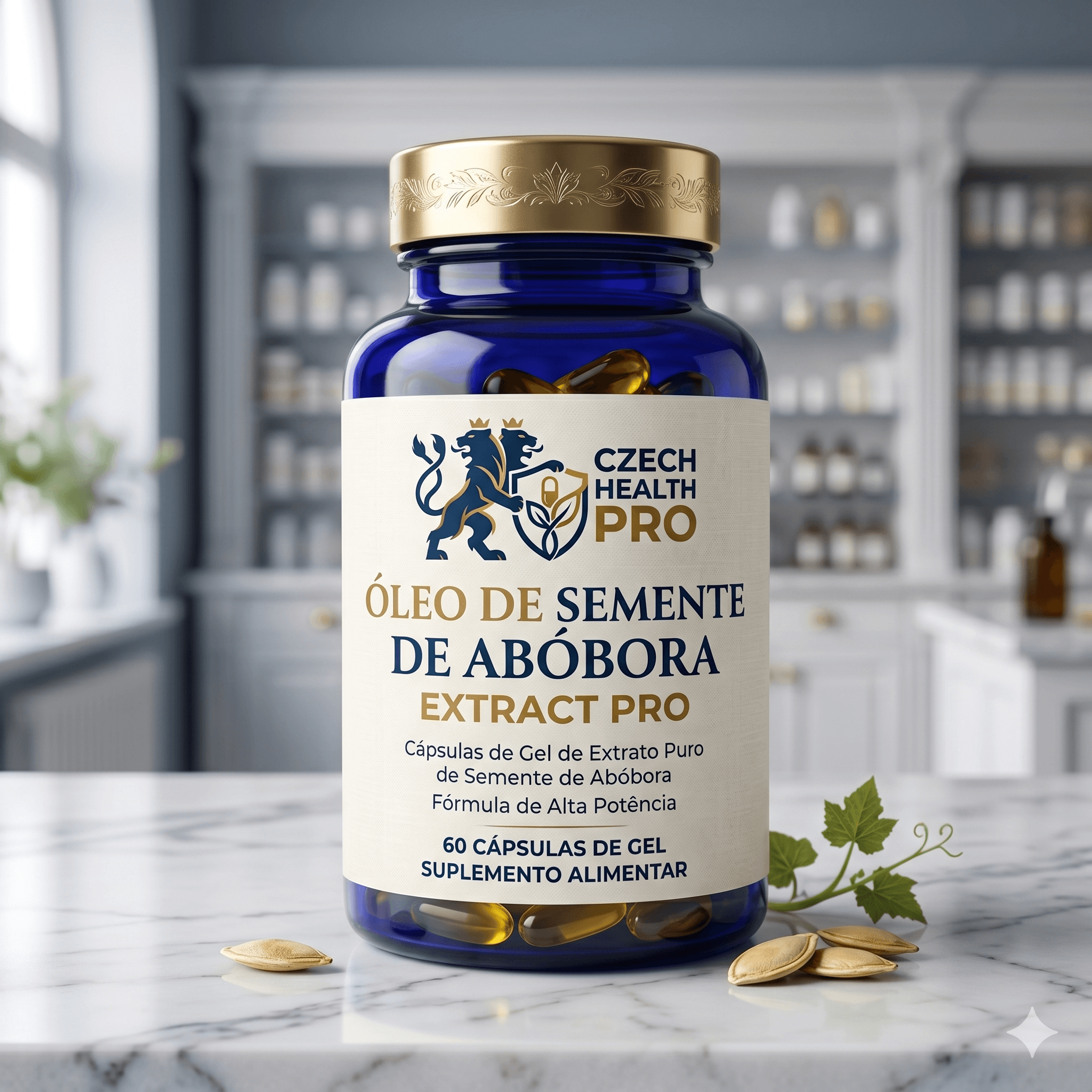 Óleo de Semente de Abóbora Extract PRO em frasco azul com rótulo