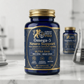 Cápsulas de Ômega-3 Neuro Support com rótulo azul e dourado