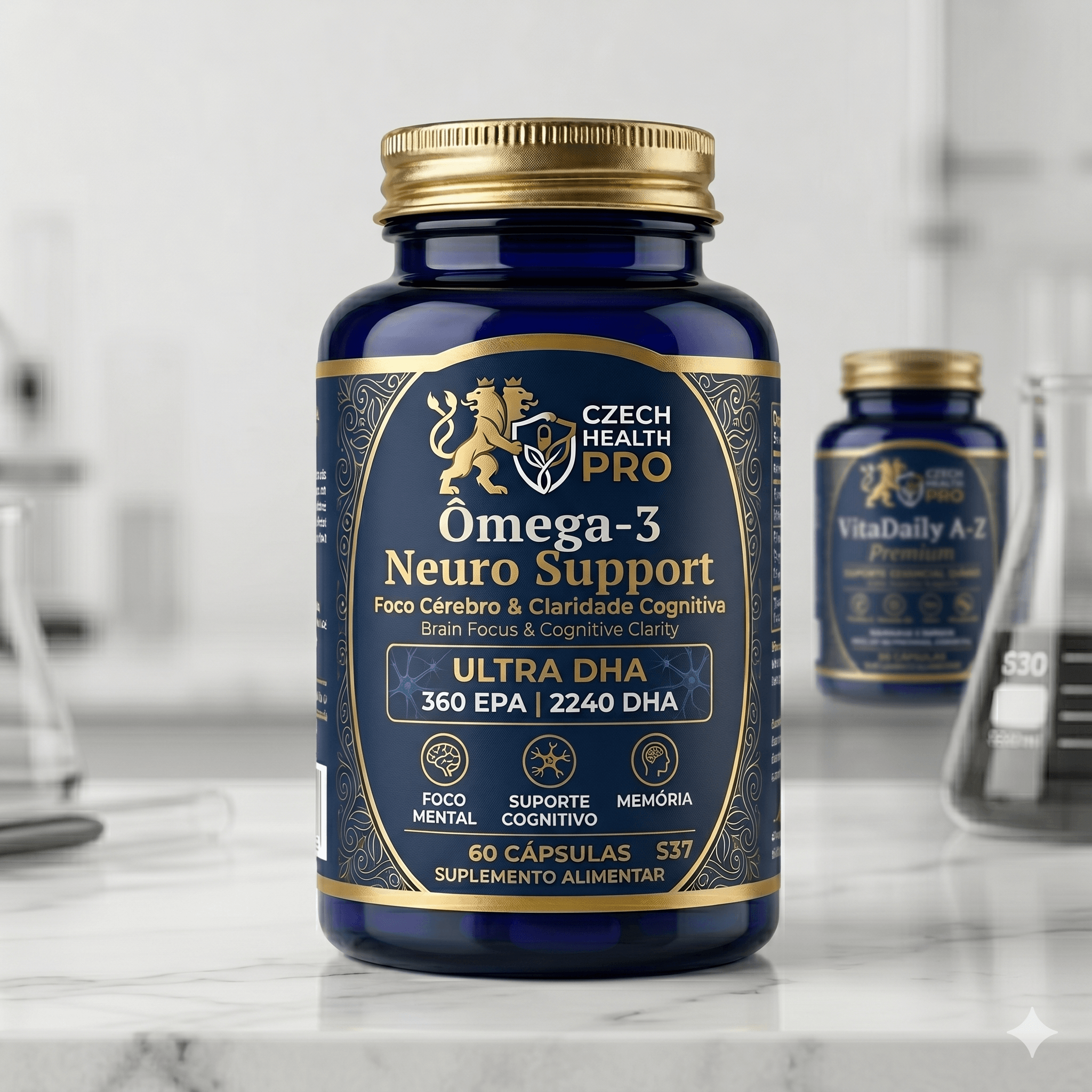 Cápsulas de Ômega-3 Neuro Support com rótulo azul e dourado