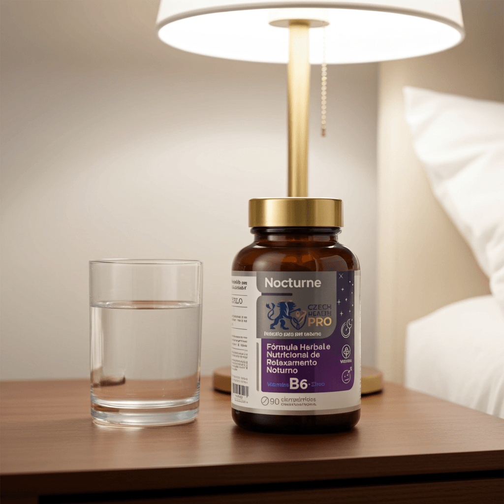 Suplemento Noturno Czech Health PRO Nocturne ao lado de um copo de água e luminária de cabeceira